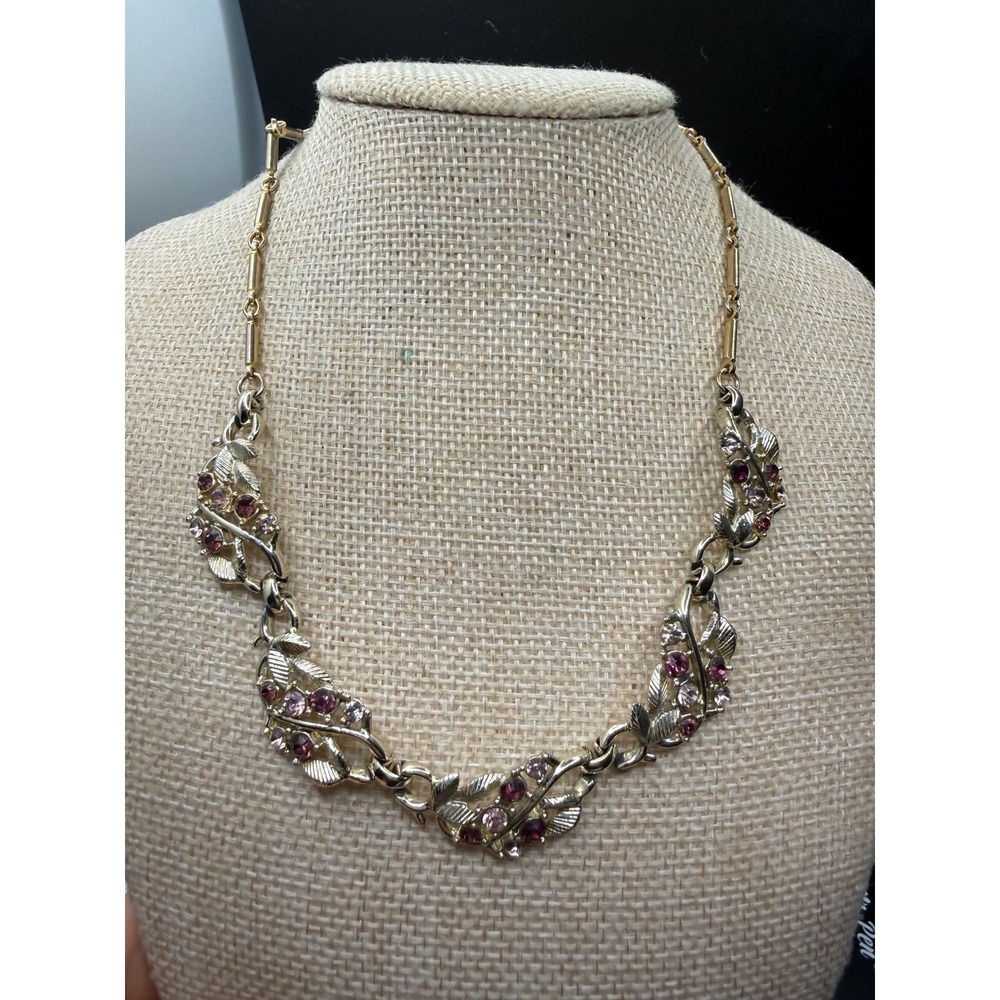 Vintage Gold Tone Purple Rhinestone Leaf Floral Choker Necklace J-Hook 16.5 Inch